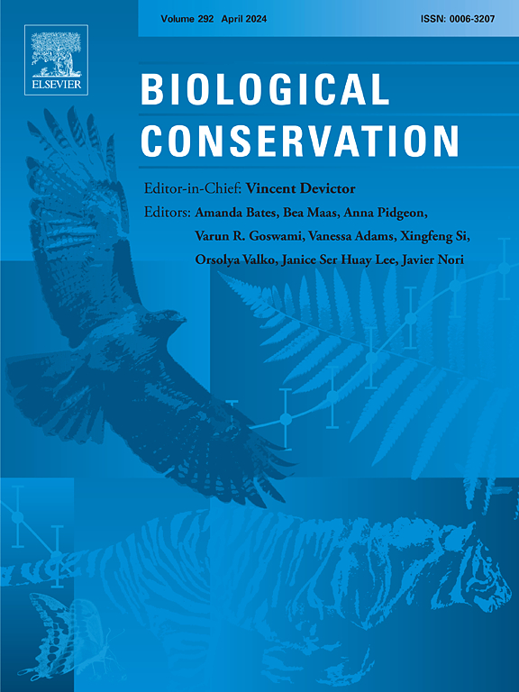 Biological Conservation journal cover: collage of images including an eagle and a fern leaf, all covered with a wash of blue