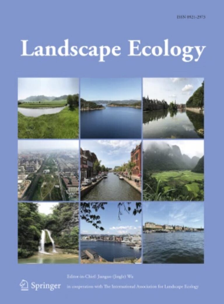 Landscape Ecology journal cover featuring nine different images of water areas - waterfalls, lakes, rivers, etc.