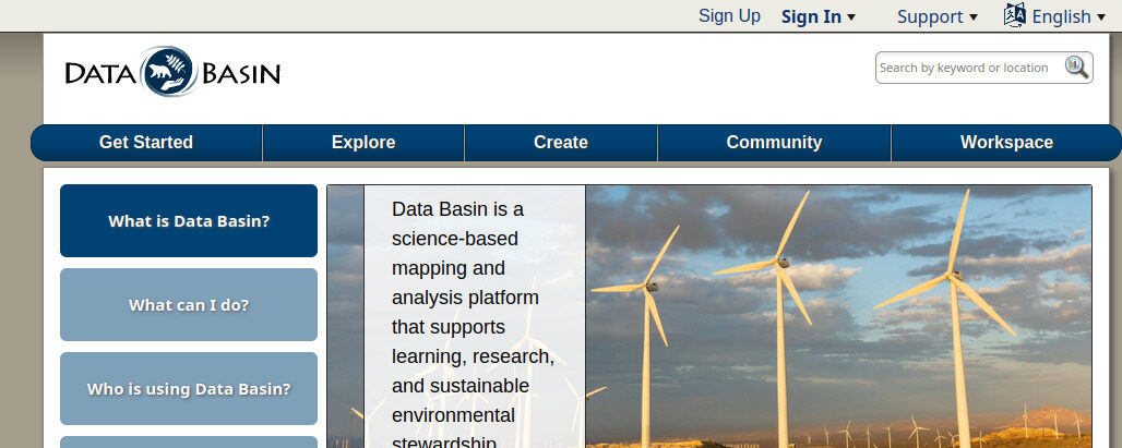Screenshot of the home page of CBI's sister website, Data Basin. The image presented on the homepage is of windmills for renewable energy mapping.