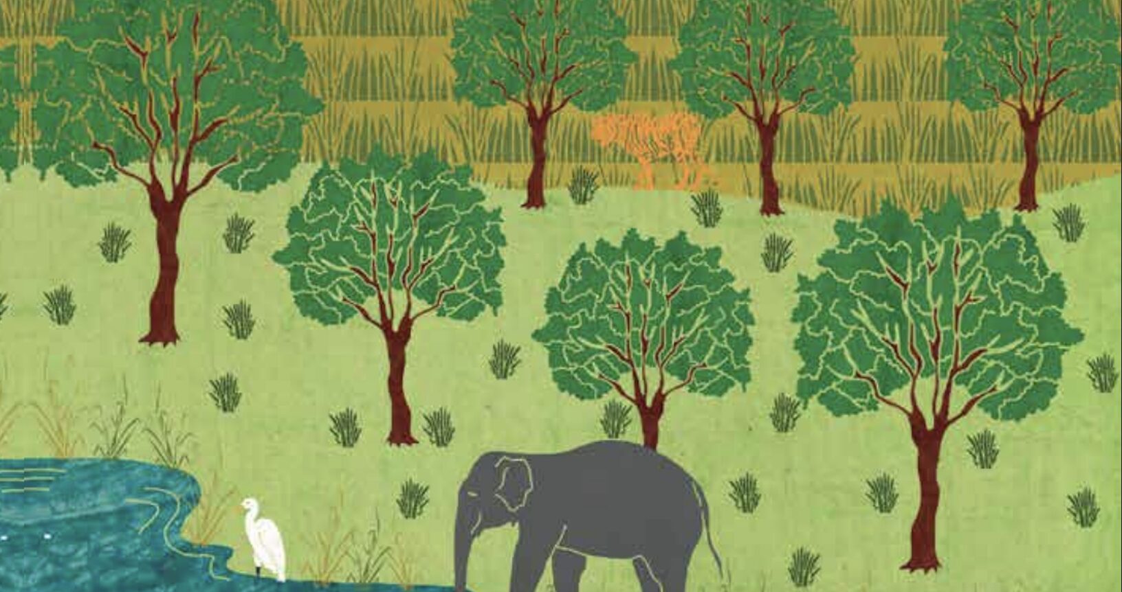 Illustrated image of an elephant and a crane bird in a green landscape full of tall grass and trees