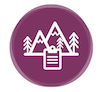 Icon of three stylized pine trees inside a circle, with a clipboard in front, representing the science-based nonprofits mission. The background is a dark maroon hue.