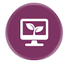 A maroon icon featuring a computer monitor with a leaf design symbolizes eco-friendly technology, embodying the mission of a science-based nonprofit dedicated to the conservation of biological diversity, all elegantly enclosed in a circular border.