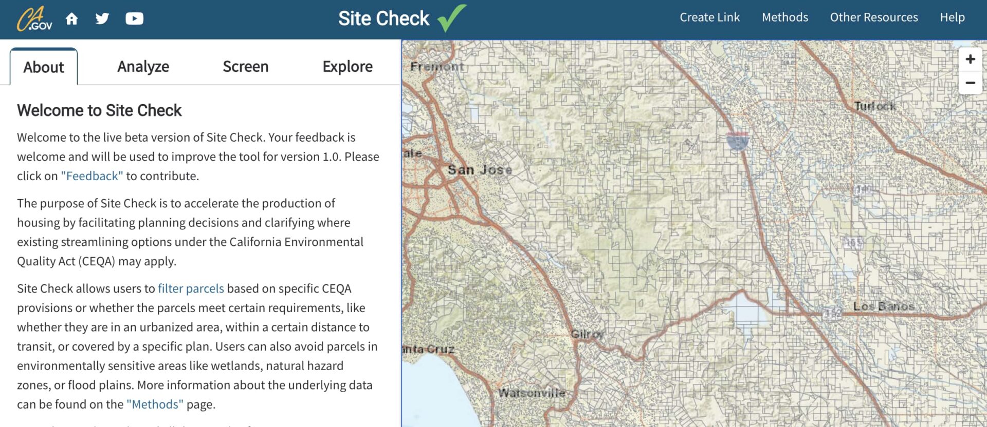 Site Check application image - satellite view of the Bay Area with data analytic tools