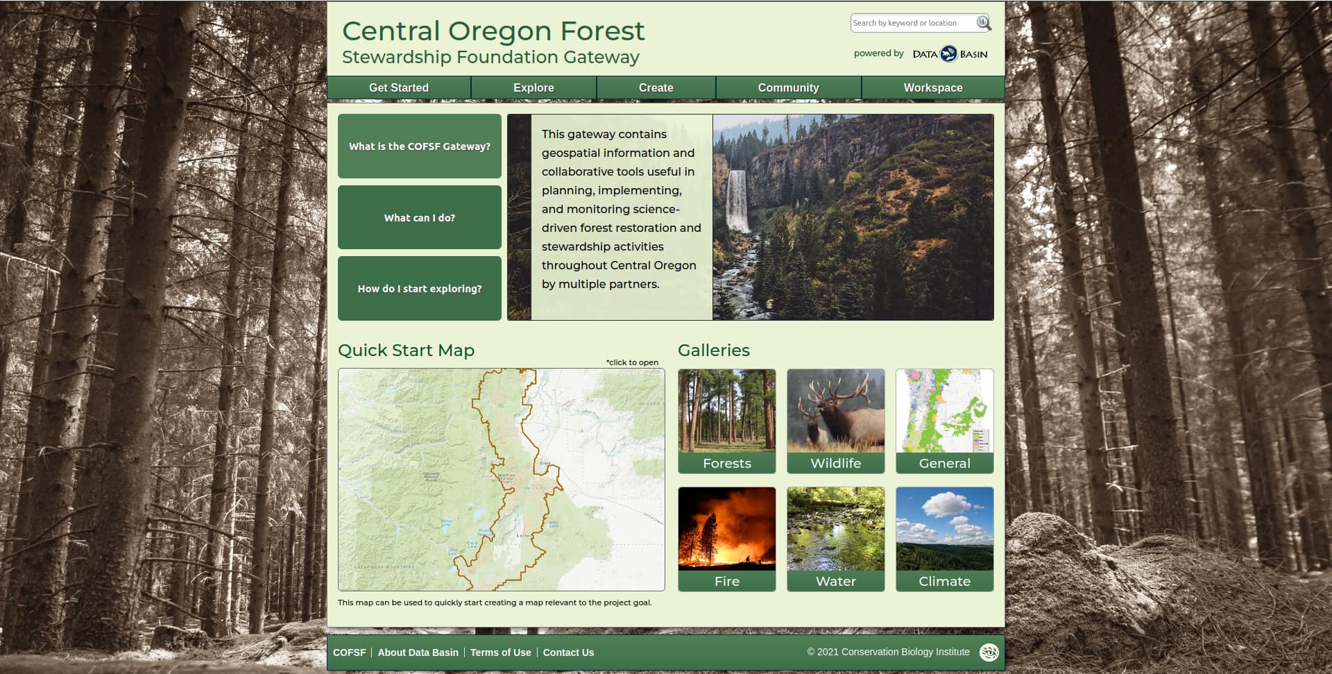 A screenshot of the Data Basin gateway for the Central Oregon Forest Steardship Foundation.