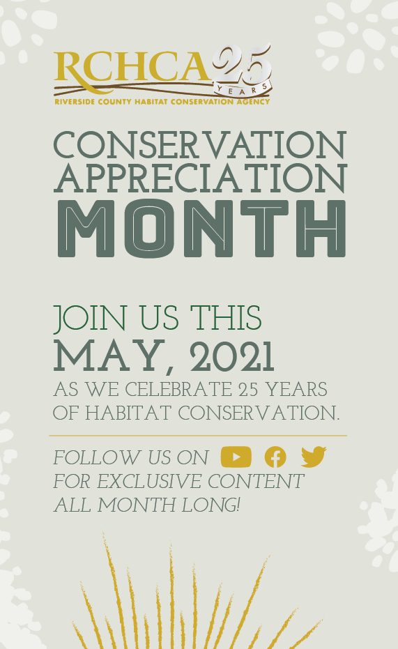 RCHCA flyer that says:

"Conservation Appreciation Month

Join us this May, 2021 as we celebrate 25 years of habitat conservation. 

Follow us on (social media icons for YouTube, Facebook, and Twitter) for exclusive content all month long!"

Poster is an off-white color with teal and dark yellow text