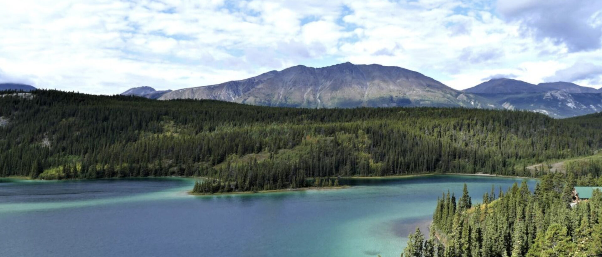 Light blue lake surrounded by green trees and a mountainous range
