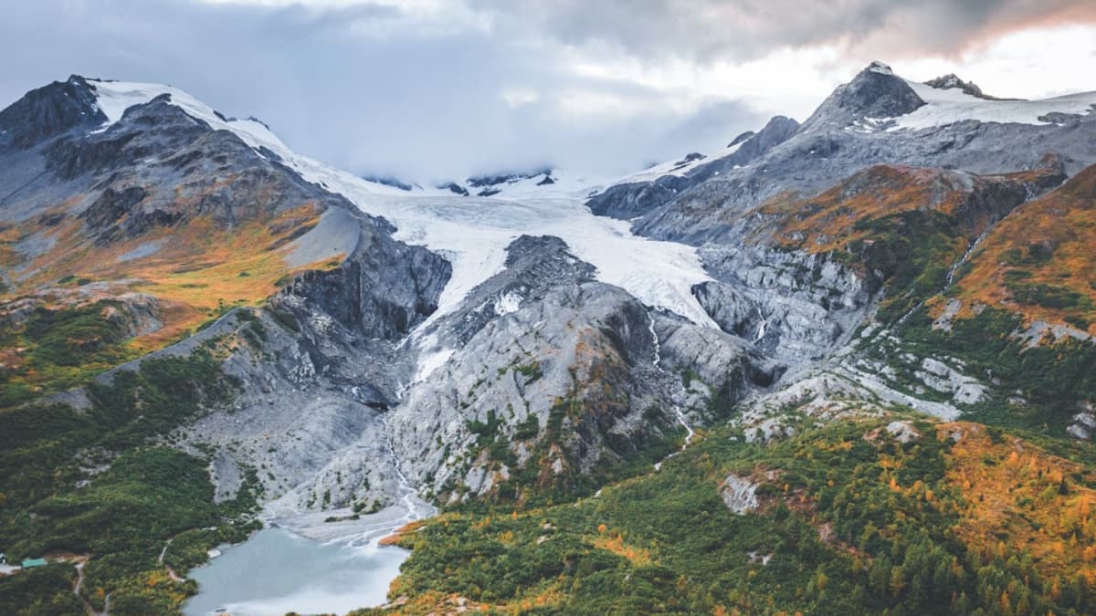 Mountainous area in the Yukon region filled with green and yellow trees and light snow