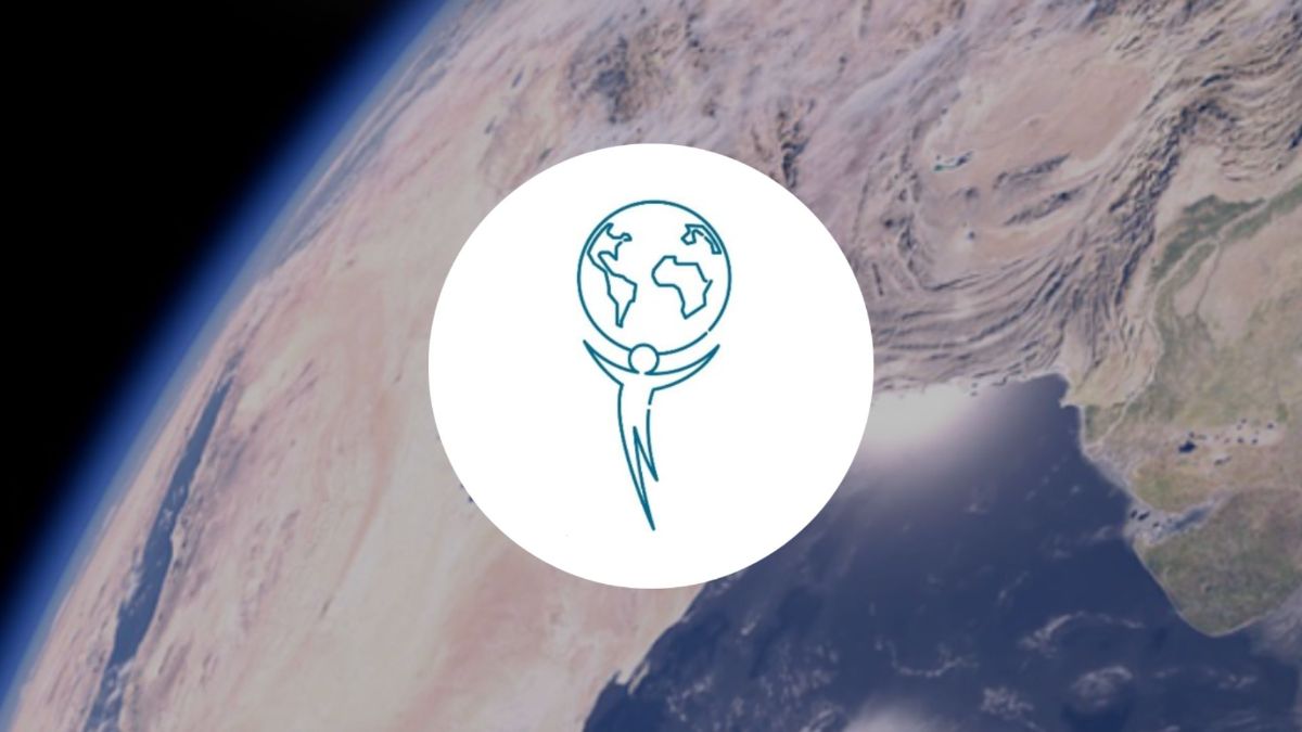 The Alliance logo - blue stick-like figure person holding up the earth in a white circle. Aerial photo of earth behind it.
