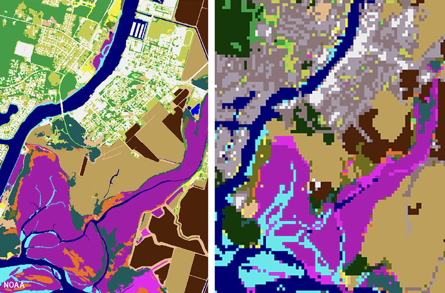 Map created by NOAA comparing high resolution land cover data to high-resolution land cover data
