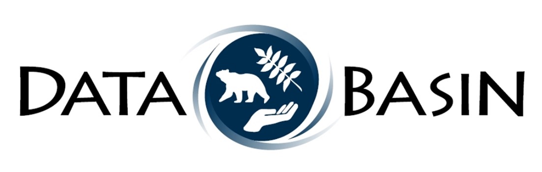 Data basin logo: The words "Data" and "Basin" with a navy blue circle containing a bear, plant, and hand graphic, centered between the two words.