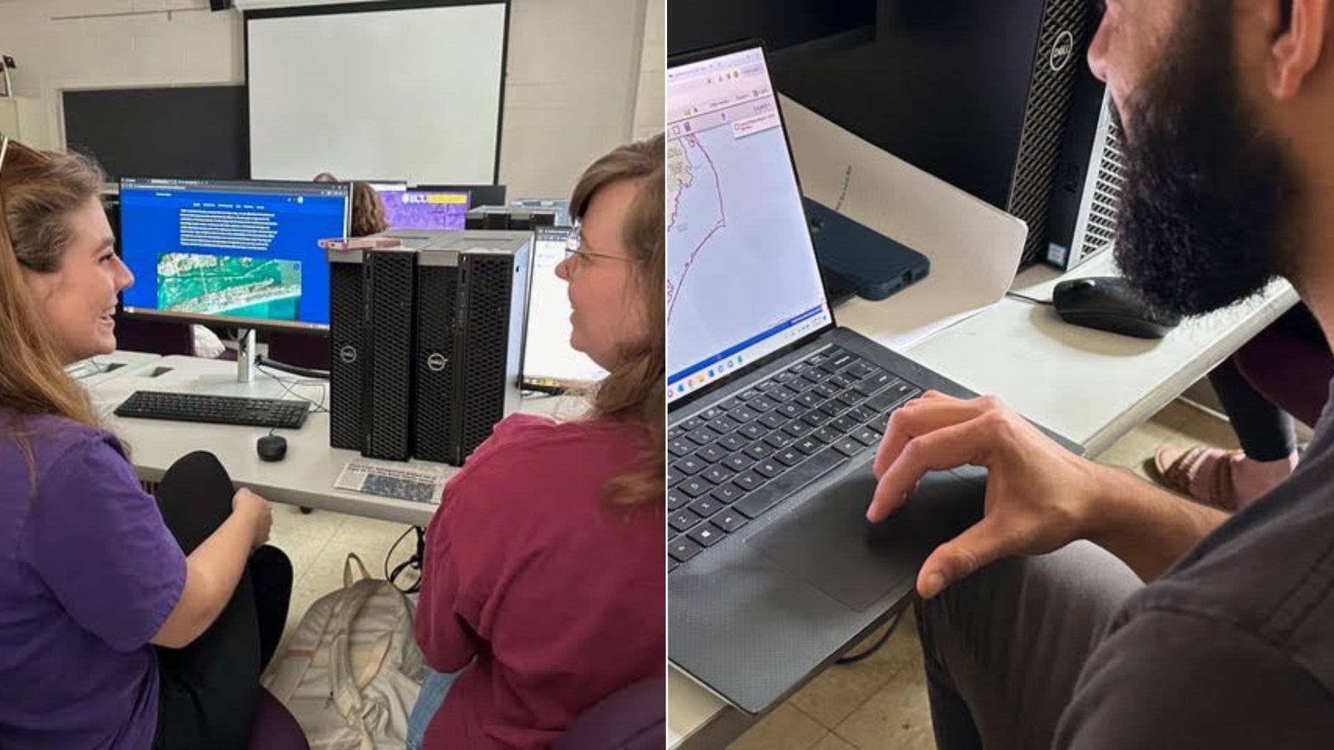 Collage image containing two different pictures, the photo on the left half of the image is of two girls (the left girl in purple, the right girl in pink, and between them is the screen of a desktop computer) in their classroom using Data Basin together laughing, and the other is of a male student sitting at a desk using Data Basin on his laptop