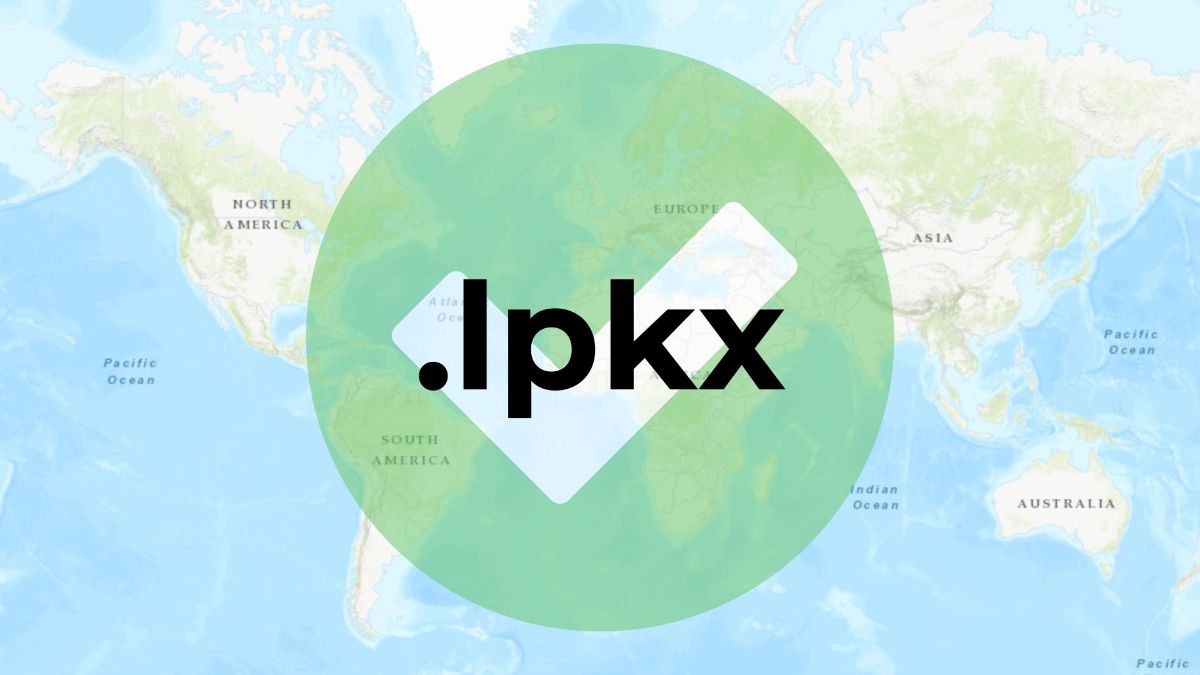 A world map highlights various continents in the background, overlaid by a large green circle with a white checkmark. The text .lpkx, one of the ArcGIS Pro Data Formats, is displayed in black across the center of the circle.