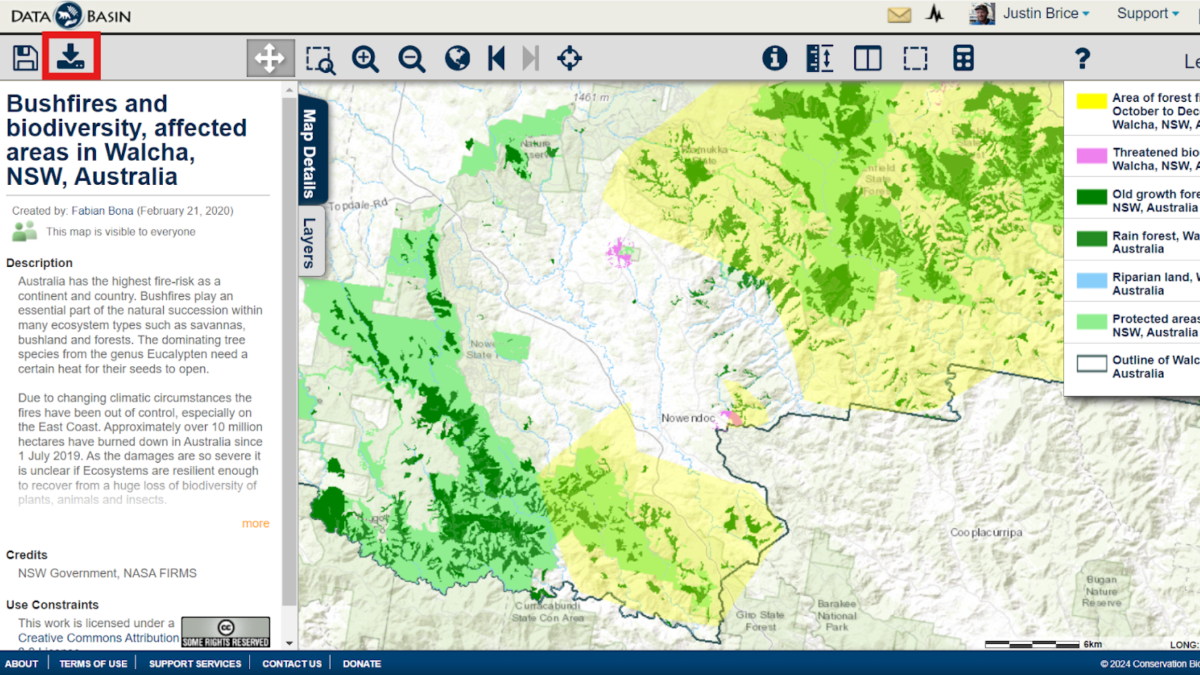 Map from Data Basin shows bushfires and biodiversity in Walcha, NSW, Australia. Green and yellow areas depict various forest types. The map features labels, roads, rivers, and an information sidebar on the left. Explore more insights in the Data Basin Newsletter.