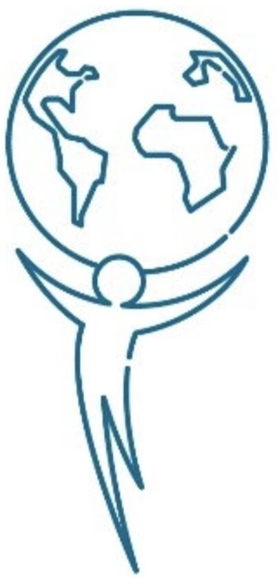 An abstract line drawing of a person holding a globe above their head. The globe displays simple outlines of continents. The illustration suggests themes of global unity or environmental stewardship.