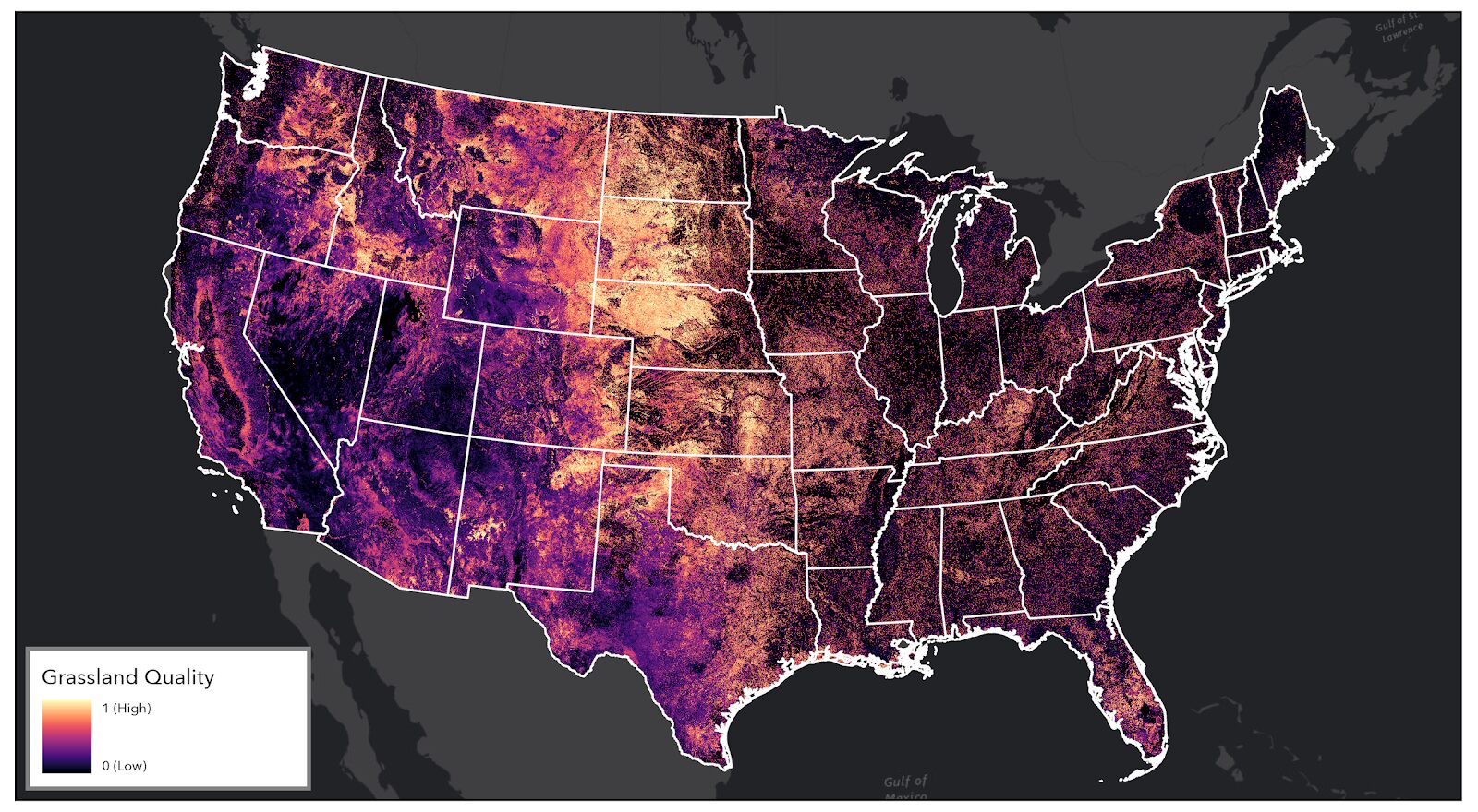 A map of the United States displays grassland quality, highlighting ecosystem services. States are outlined, with colors from dark purple (low quality) to light orange (high quality). A legend in the bottom left shows the scale from 0 to max quality, reflecting USDA CRP objectives.