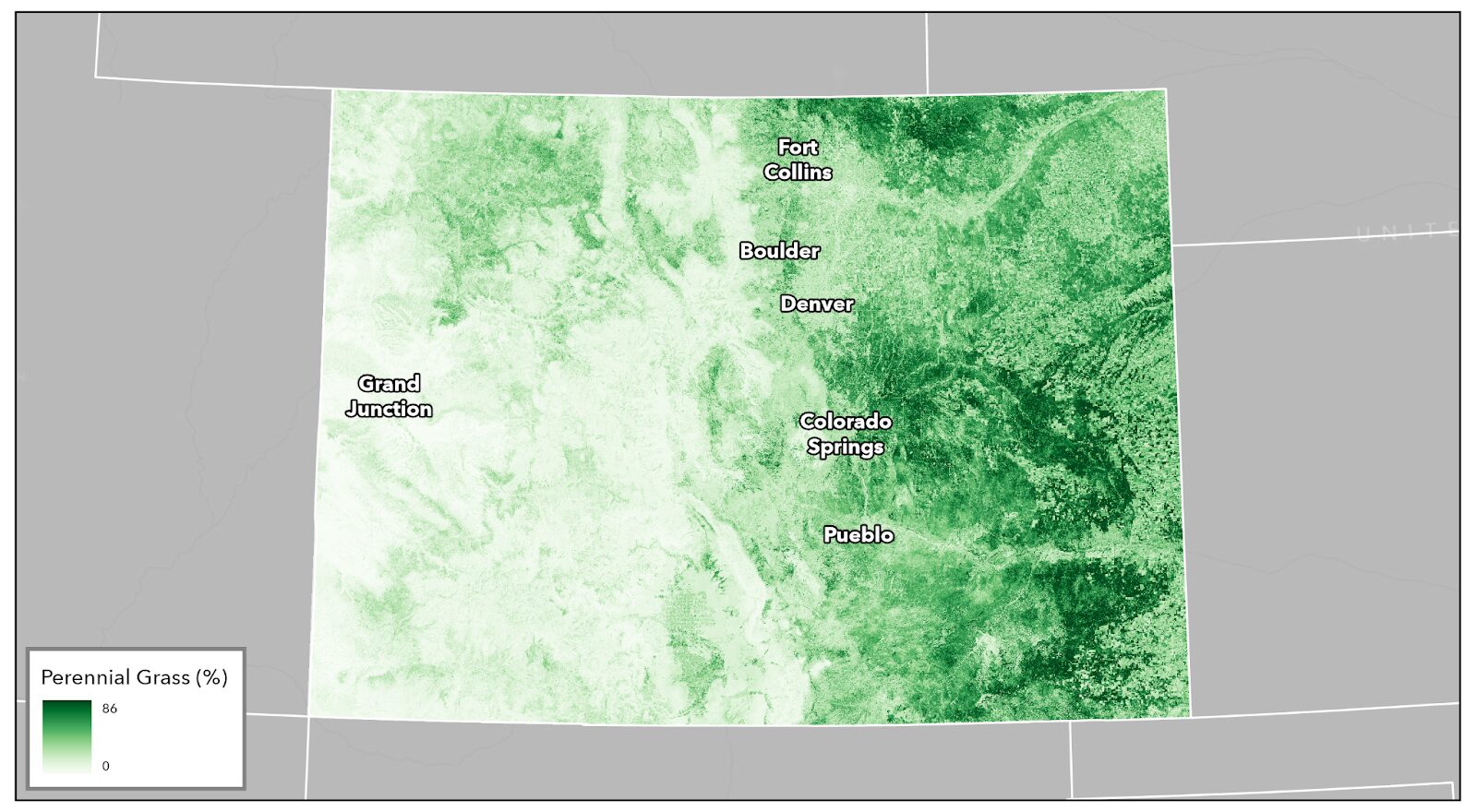 Map of Colorado showing the percentage of perennial grass cover, highlighting ecosystem services. Various shades of green indicate different coverage levels, with darker green representing higher percentages. Labeled cities include Fort Collins, Boulder, Denver, Colorado Springs, and Pueblo.