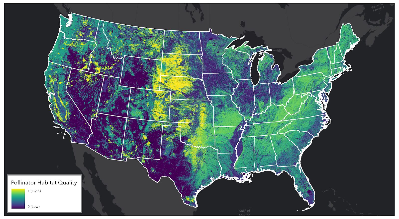 Map of the United States showing pollinator habitat quality, color-coded from low (purple) to high (yellow). The western and central regions have more yellow, indicating better habitat quality, aligning with USDA CRP efforts to enhance ecosystem services compared to the eastern regions.