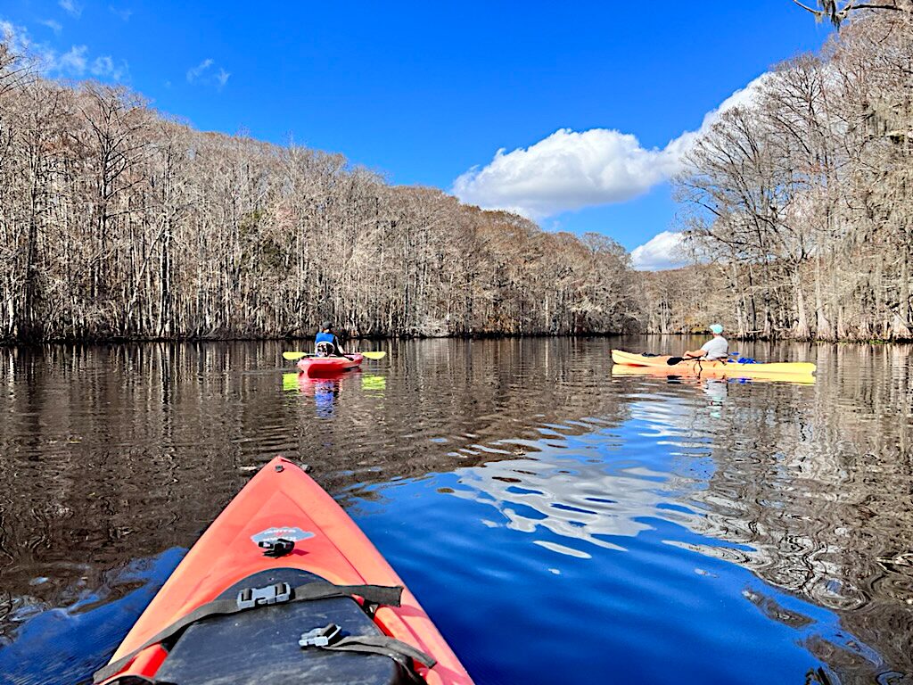 Three kayakers paddle on a calm, tree-lined river under a bright blue sky with scattered clouds.